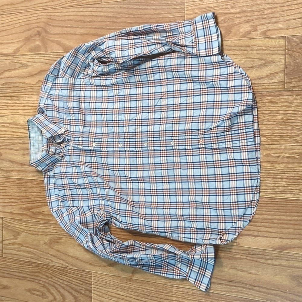 J McLaughlin 100% Egyptian cotton white, blue and brown button-down shirt, L